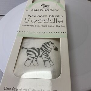 Amazing Baby Muslin Swaddle‎ Blanket Zebra 100% Cotton White 36 X 36 NIB